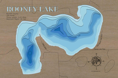 Unique wooden lake map of Rooney Lake in Burnett County, WI, featuring intricate depth details.