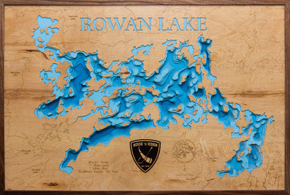 3D wooden lake map of Rowan Lake in Kenora District, Ontario Canada, showcasing detailed depth layers and contours.