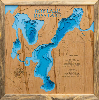 Decorative 3D wooden lake map of Roy Lake and Bass Lake in Crow Wing and Cass County, MN, crafted with care.