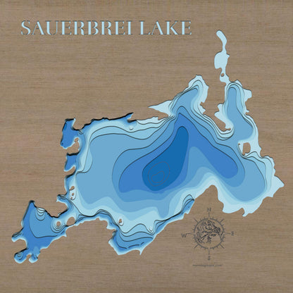 Unique wooden lake map of Sauerbrei Lake in Ontario, Canada, featuring intricate depth details.