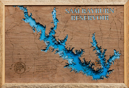 Sam Rayburn Reservoir in Jasper County, TX 3D depth map, laser cut from high-quality wood.