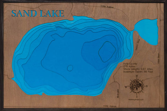 Custom wooden map of Big Sand Lake in Burnett County, Wisconsin with layered depth highlights.