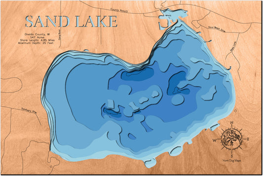 Laser-engraved relief map of Sand Lake in Oneida County, WI, crafted from wood with high precision.