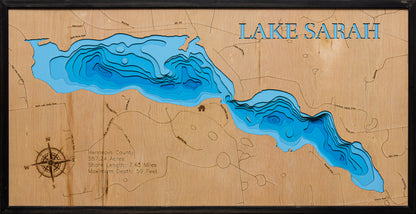 Custom wooden map of 3d Depth map of Lake Sarah in Hennepin County, MN with layered depth highlights.