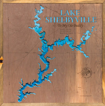 Handcrafted 3D wood map of Lake Shelbyville in Shelby County, IL, ideal for lake enthusiasts.