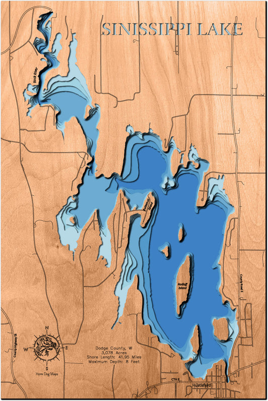Sinissippi Lake in Dodge County, WI engraved wood map, showcasing accurate topographical features.