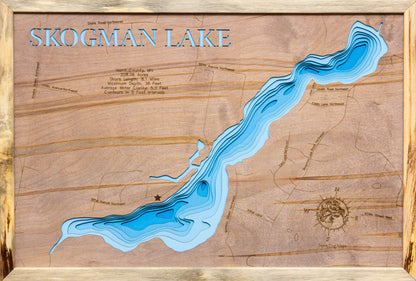 Skogman Lake in Isanti County, MN engraved wood map, showcasing accurate topographical features.