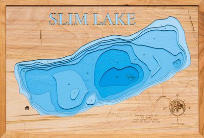 Decorative 3D wooden lake map of Slim Lake in Washburn County, WI, crafted with care.