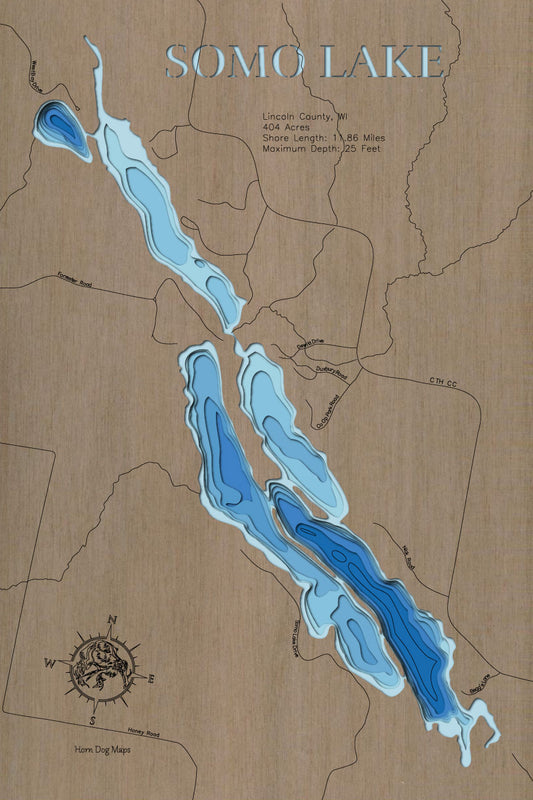 Decorative 3D wooden lake map of Somo Lake in Lincoln County, WI, crafted with care.