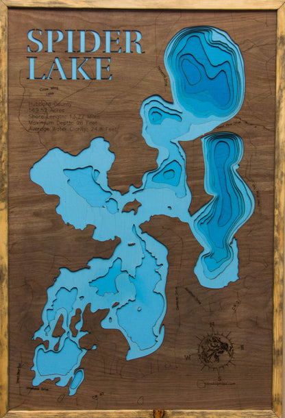 Custom wooden map of Spider Lake in Hubbard County, MN with layered depth highlights.