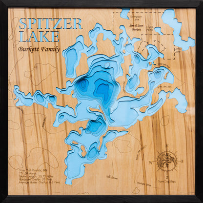 Unique wooden lake map of Spitzer Lake in Otter Tail County, MN, featuring intricate depth details.