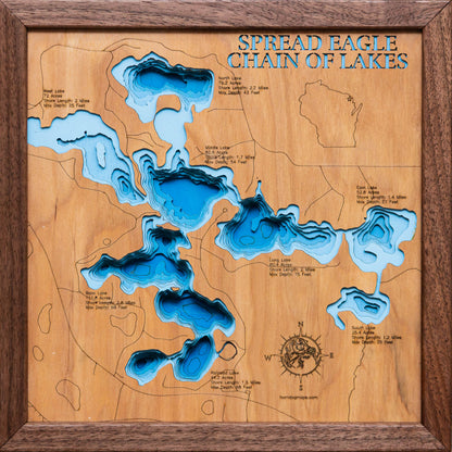 Spread Eagle Chain of Lakes in Florence County, WI engraved wood map, showcasing accurate topographical features.