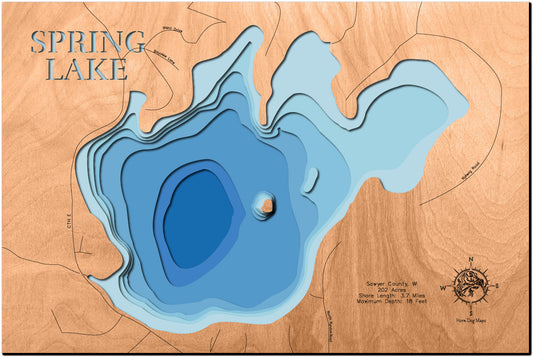 Exquisite wooden map of Spring Lake in Sawyer County, WI with detailed lakebed features.