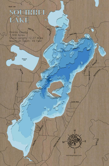 Squirrel Lake in Oneida County, WI custom 3D wood map, perfect for home decor and gifts.