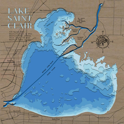 Decorative 3D wooden lake map of Lake Saint Clair in Michigan, USA and Ontario, Canada, crafted with care.