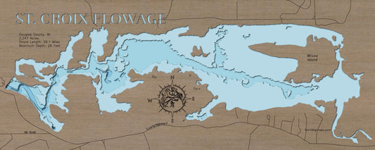 Precision-cut wooden map of St. Croix Flowage in Douglas County, WI, perfect for unique decor.