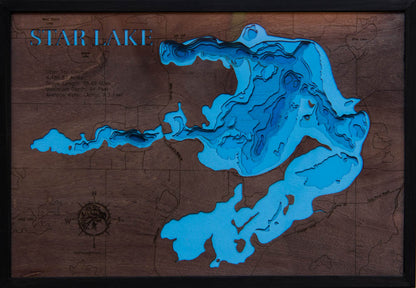 Unique wooden lake map of Star Lake in Otter Tail County, MN, featuring intricate depth details.