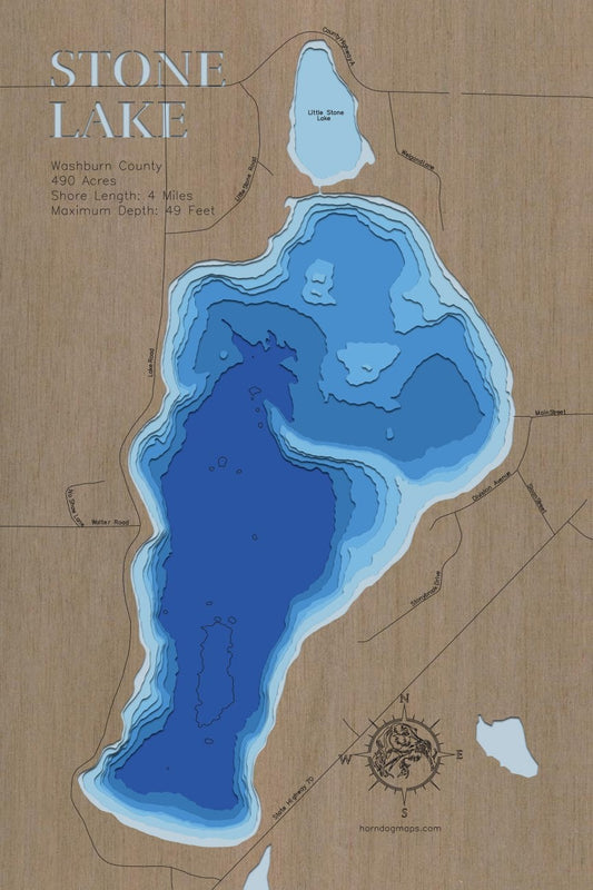 3d Depth Map of Long Lake in Stone Lake in Washburn County, WI 3D depth map, laser cut from high-quality wood.