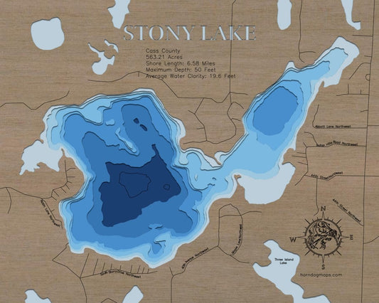 Unique wooden lake map of 3d Lake Map of Stony Lake in Cass County, MN, featuring intricate depth details.