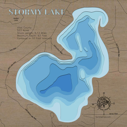 Unique wooden lake map of Stormy Lake in Vilas County, WI, featuring intricate depth details.