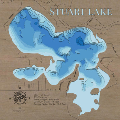 Artisanally carved wooden lake map of Stuart Lake in Otter Tail County, MN, highlighting bathymetry.