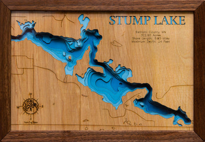 Stump Lake in Beltrami County, MN 3D depth map, laser cut from high-quality wood.