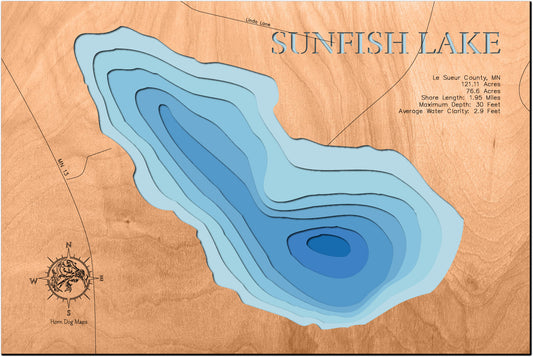 Custom wooden map of Sunfish Lake in Le Sueur County, MN with layered depth highlights.
