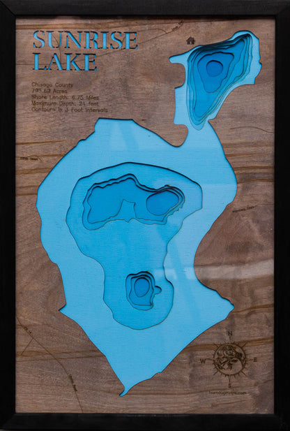 Sunrise Lake in Chisago County, MN 3D depth map, laser cut from high-quality wood.