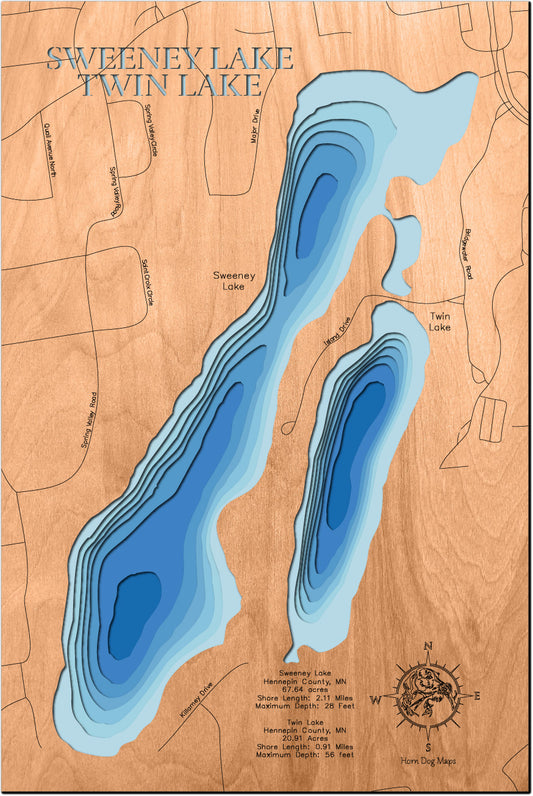 Sweeney Lake and Twin Lake in Hennepin County, MN custom 3D wood map, perfect for home decor and gifts.