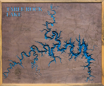 Table Rock Lake in Missouri and Arkansas 3D depth map, laser cut from high-quality wood.