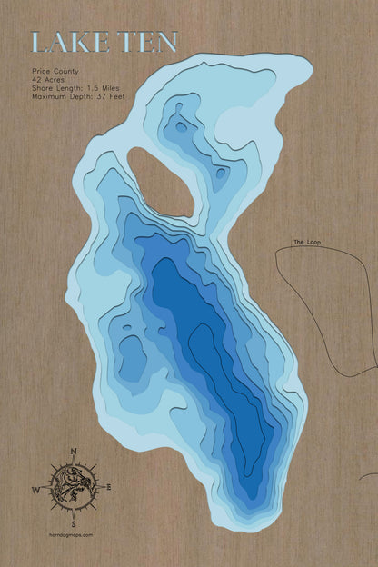 Custom wooden map of Lake Ten in Price County, WI with layered depth highlights.