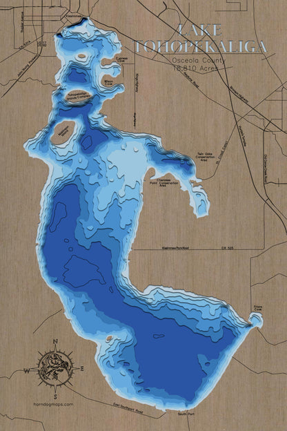 Detailed wooden relief map of Lake Tohopekaliga in Osceola County, Florida, showcasing its natural beauty.