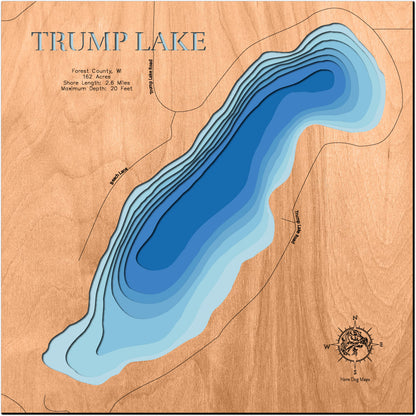 Trump Lake in Forest County, WI 3D depth map, laser cut from high-quality wood.