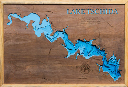 Tschida (Grant)Lake Tschida in Grant County, ND 3D depth map, laser cut from high-quality wood.