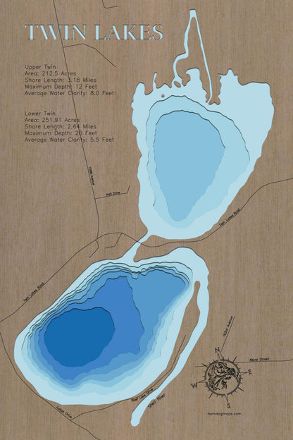 Precision-cut wooden map of Upper and Lower Twin  Lakes in Hubbard County, MN, perfect for unique decor.