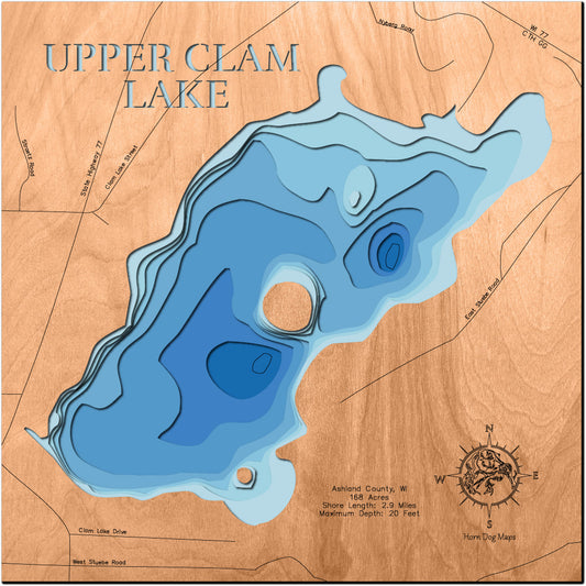 3D wooden lake map of Upper Clam Lake in Ashland County, WI, showcasing detailed depth layers and contours.