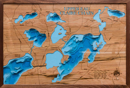 Upper Eau Claire Lake in Bayfield County, WI custom 3D wood map, perfect for home decor and gifts.