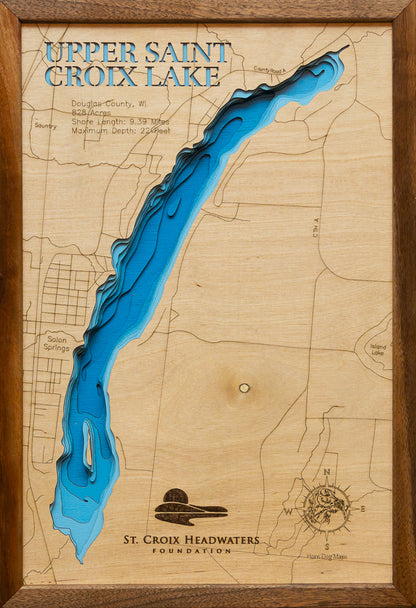 Upper Saint Croix Lake in Douglas County, WI in stunning 3D wood map design, with detailed topography.