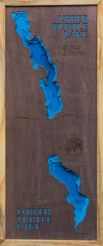 High-definition wooden relief map of Upper and Lower Turtle Lakes in Barron County, WI, handmade for durability.