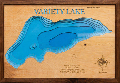 Detailed wooden relief map of Variety Lake in Cass County, MN, showcasing its natural beauty.