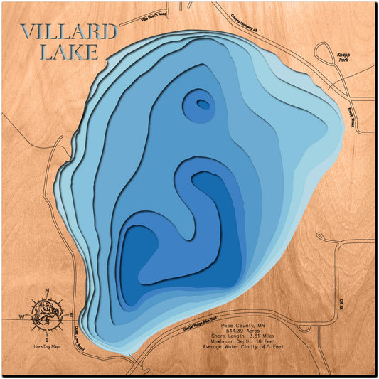Exquisite wooden map of Villard Lake in Pope County, MN with detailed lakebed features.