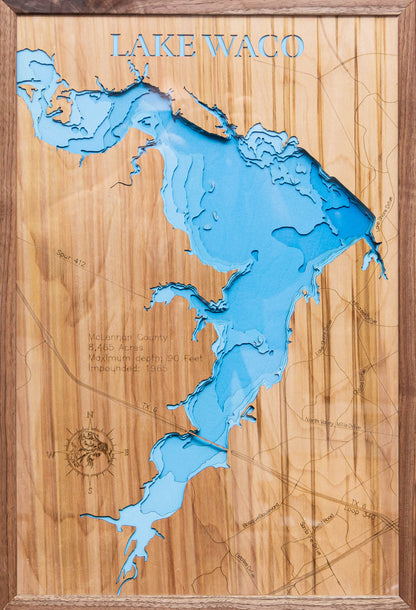 Detailed wooden relief map of Waco Lake in McLennon County, TX, showcasing its natural beauty.