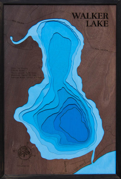 Walker Lake in Otter Tail County, MI 3D depth map, laser cut from high-quality wood.