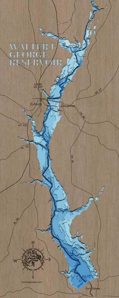 High-definition wooden relief map of Walter F George Reservoir in Barbour County, AL, handmade for durability.