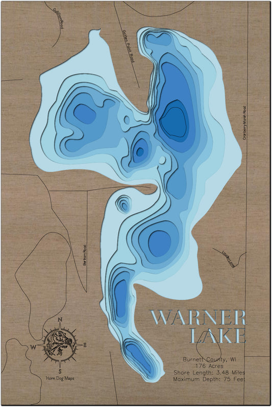 3D wooden lake map of Warner Lake in Burnett County, WI, showcasing detailed depth layers and contours.