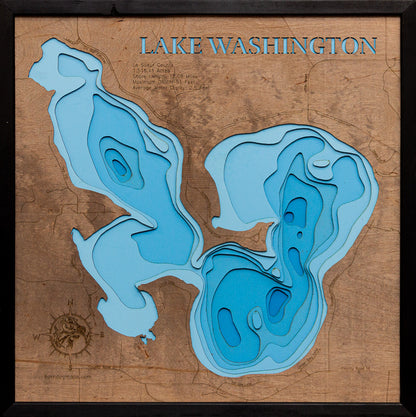 3D wooden lake map of Lake Washington in Le Sueur County, MN, showcasing detailed depth layers and contours.