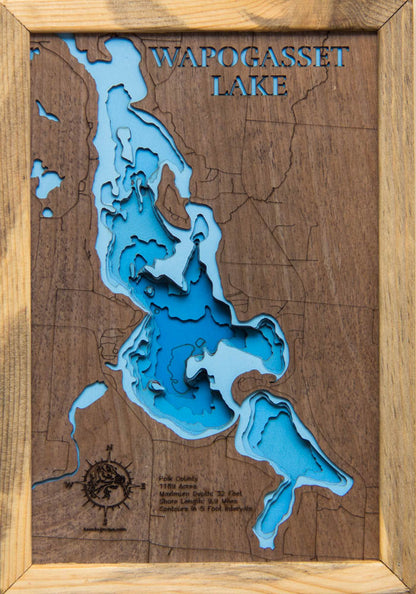 Handcrafted 3D wood map of Wapogasset Lake in Polk County, WI, ideal for lake enthusiasts.