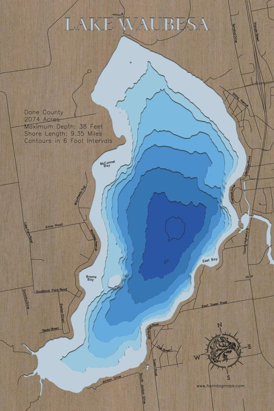 3D wooden lake map of Waubesa Lake in Dane County, WI, showcasing detailed depth layers and contours.