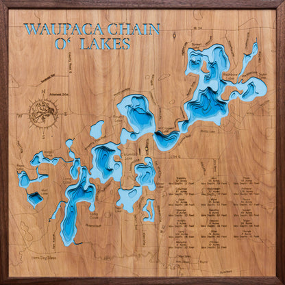 Waupaca Chain O' Lakes in Waupaca County, WI 3D depth map, laser cut from high-quality wood.