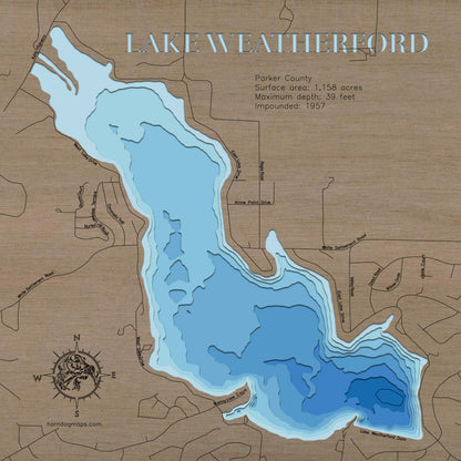 3D wooden lake map of Lake Weatherford in Parker County, TX, showcasing detailed depth layers and contours.